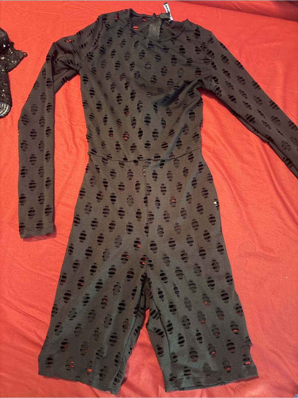 Women’s Black Distressed Long-Sleeve Bodysuit Romper